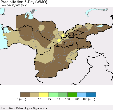 Central Asia Precipitation 5-Day (WMO) Thematic Map For 11/26/2023 - 11/30/2023