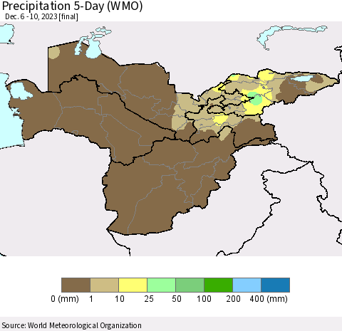 Central Asia Precipitation 5-Day (WMO) Thematic Map For 12/6/2023 - 12/10/2023