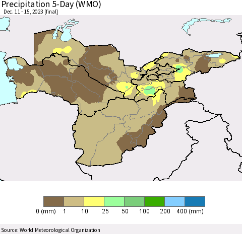 Central Asia Precipitation 5-Day (WMO) Thematic Map For 12/11/2023 - 12/15/2023