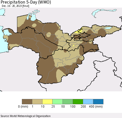 Central Asia Precipitation 5-Day (WMO) Thematic Map For 12/16/2023 - 12/20/2023