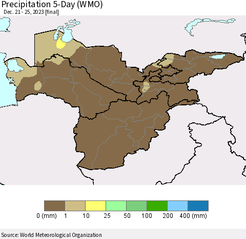 Central Asia Precipitation 5-Day (WMO) Thematic Map For 12/21/2023 - 12/25/2023