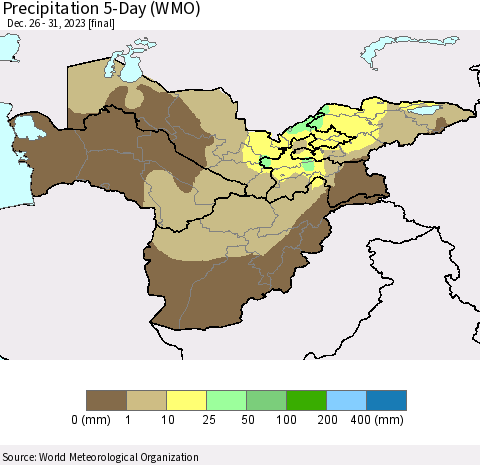 Central Asia Precipitation 5-Day (WMO) Thematic Map For 12/26/2023 - 12/31/2023