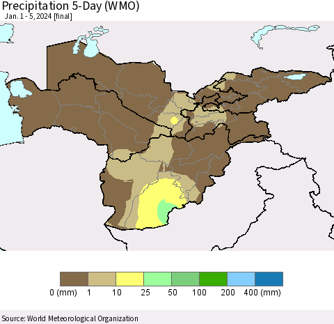Central Asia Precipitation 5-Day (WMO) Thematic Map For 1/1/2024 - 1/5/2024