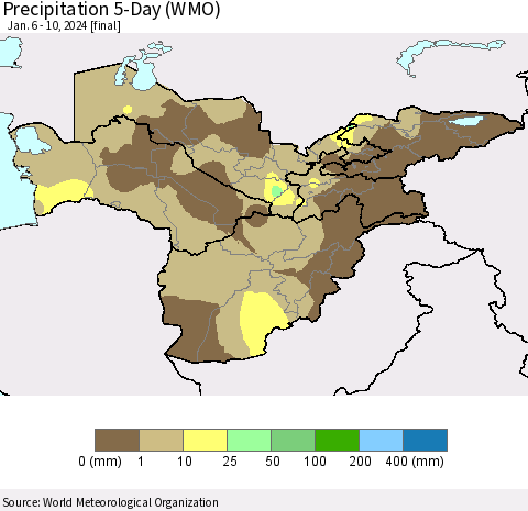Central Asia Precipitation 5-Day (WMO) Thematic Map For 1/6/2024 - 1/10/2024