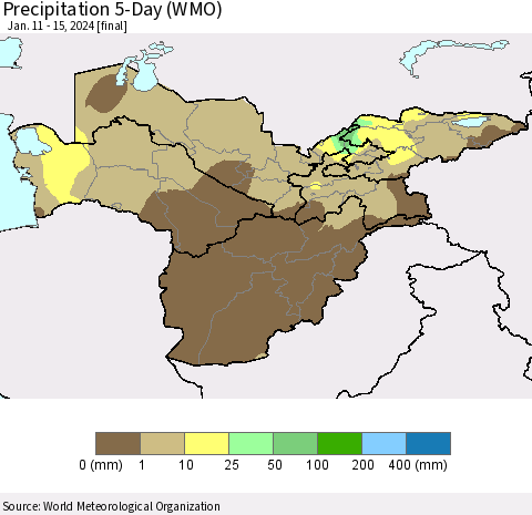 Central Asia Precipitation 5-Day (WMO) Thematic Map For 1/11/2024 - 1/15/2024