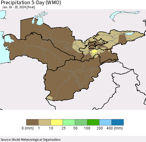 Central Asia Precipitation 5-Day (WMO) Thematic Map For 1/16/2024 - 1/20/2024