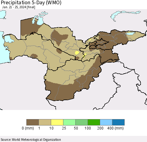 Central Asia Precipitation 5-Day (WMO) Thematic Map For 1/21/2024 - 1/25/2024
