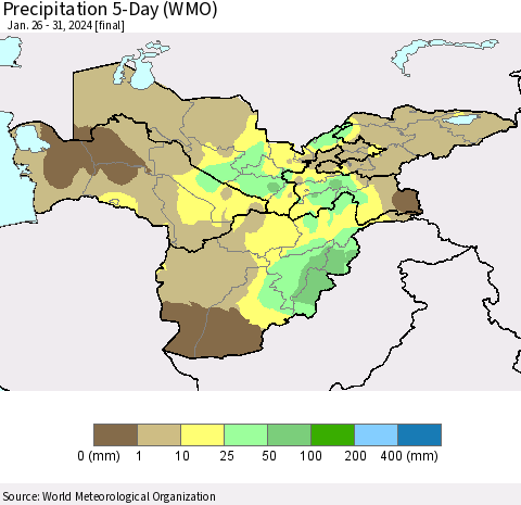 Central Asia Precipitation 5-Day (WMO) Thematic Map For 1/26/2024 - 1/31/2024