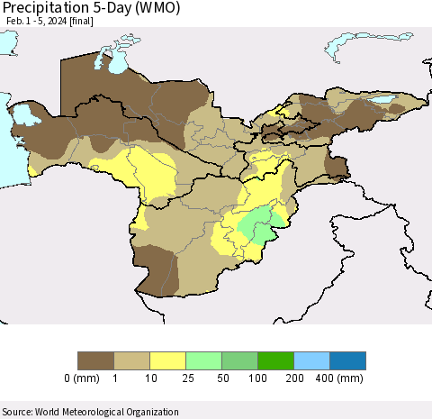 Central Asia Precipitation 5-Day (WMO) Thematic Map For 2/1/2024 - 2/5/2024