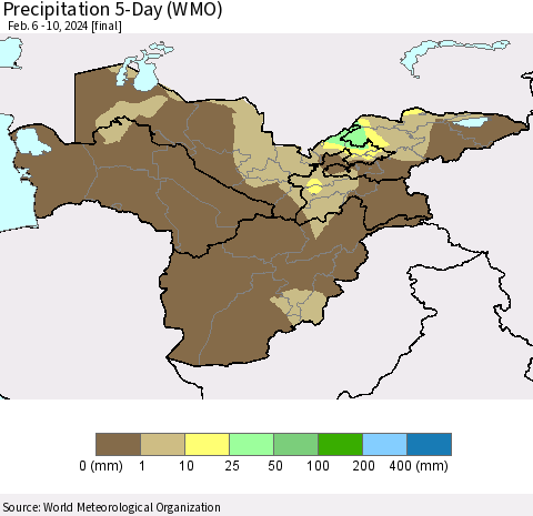 Central Asia Precipitation 5-Day (WMO) Thematic Map For 2/6/2024 - 2/10/2024