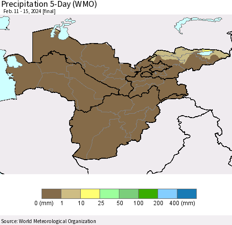 Central Asia Precipitation 5-Day (WMO) Thematic Map For 2/11/2024 - 2/15/2024