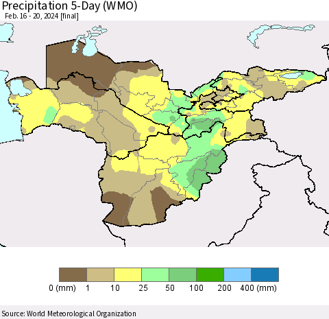 Central Asia Precipitation 5-Day (WMO) Thematic Map For 2/16/2024 - 2/20/2024