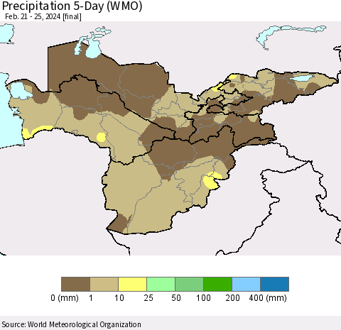Central Asia Precipitation 5-Day (WMO) Thematic Map For 2/21/2024 - 2/25/2024