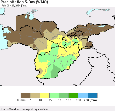Central Asia Precipitation 5-Day (WMO) Thematic Map For 2/26/2024 - 2/29/2024