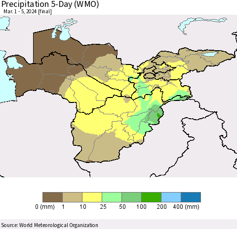Central Asia Precipitation 5-Day (WMO) Thematic Map For 3/1/2024 - 3/5/2024