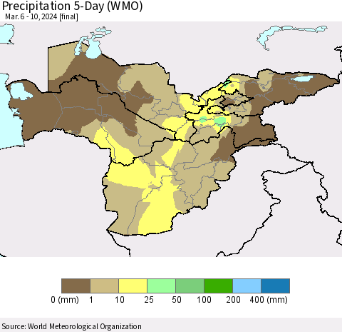 Central Asia Precipitation 5-Day (WMO) Thematic Map For 3/6/2024 - 3/10/2024