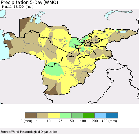 Central Asia Precipitation 5-Day (WMO) Thematic Map For 3/11/2024 - 3/15/2024