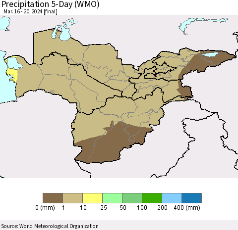 Central Asia Precipitation 5-Day (WMO) Thematic Map For 3/16/2024 - 3/20/2024