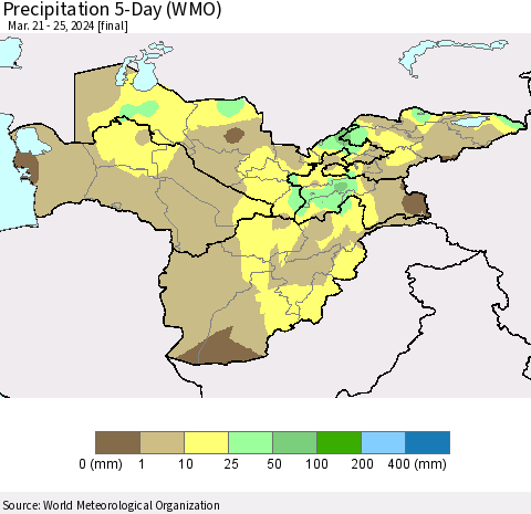 Central Asia Precipitation 5-Day (WMO) Thematic Map For 3/21/2024 - 3/25/2024
