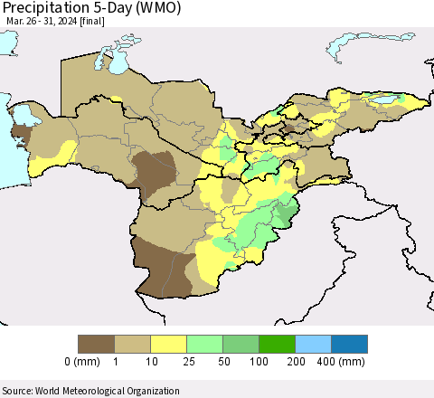 Central Asia Precipitation 5-Day (WMO) Thematic Map For 3/26/2024 - 3/31/2024