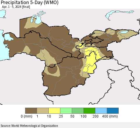 Central Asia Precipitation 5-Day (WMO) Thematic Map For 4/1/2024 - 4/5/2024