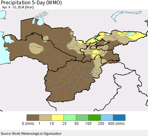 Central Asia Precipitation 5-Day (WMO) Thematic Map For 4/6/2024 - 4/10/2024
