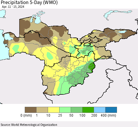 Central Asia Precipitation 5-Day (WMO) Thematic Map For 4/11/2024 - 4/15/2024