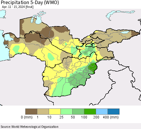 Central Asia Precipitation 5-Day (WMO) Thematic Map For 4/11/2024 - 4/15/2024