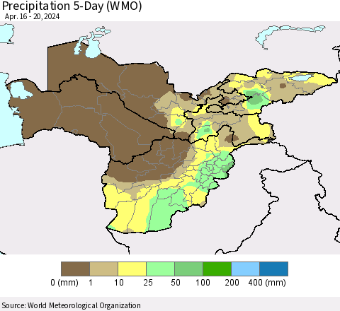 Central Asia Precipitation 5-Day (WMO) Thematic Map For 4/16/2024 - 4/20/2024