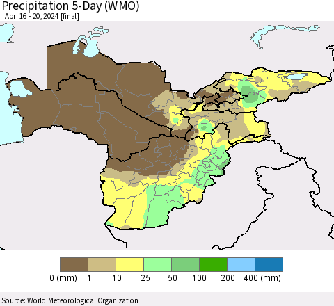 Central Asia Precipitation 5-Day (WMO) Thematic Map For 4/16/2024 - 4/20/2024