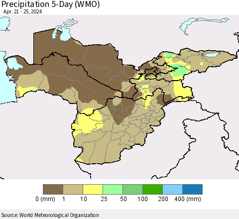 Central Asia Precipitation 5-Day (WMO) Thematic Map For 4/21/2024 - 4/25/2024