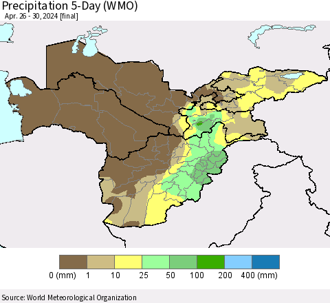 Central Asia Precipitation 5-Day (WMO) Thematic Map For 4/26/2024 - 4/30/2024