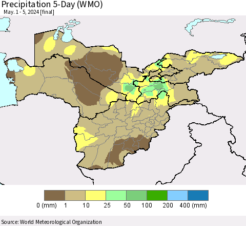 Central Asia Precipitation 5-Day (WMO) Thematic Map For 5/1/2024 - 5/5/2024