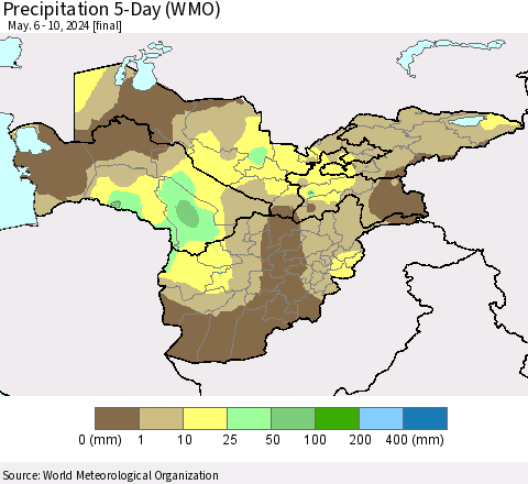 Central Asia Precipitation 5-Day (WMO) Thematic Map For 5/6/2024 - 5/10/2024