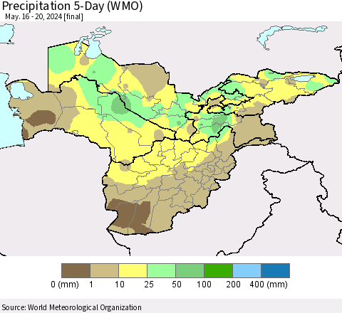 Central Asia Precipitation 5-Day (WMO) Thematic Map For 5/16/2024 - 5/20/2024