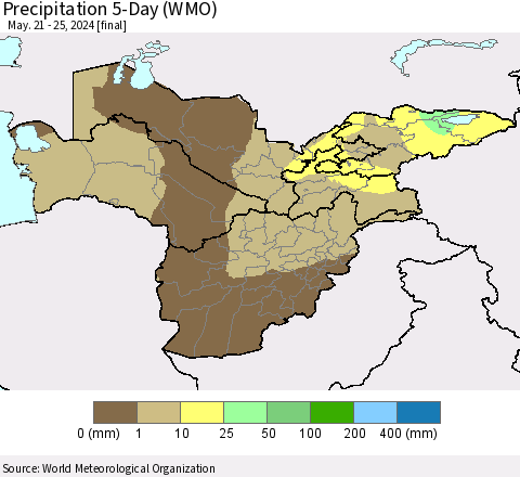 Central Asia Precipitation 5-Day (WMO) Thematic Map For 5/21/2024 - 5/25/2024