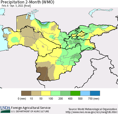 Central Asia Precipitation 2-Month (WMO) Thematic Map For 2/6/2021 - 4/5/2021