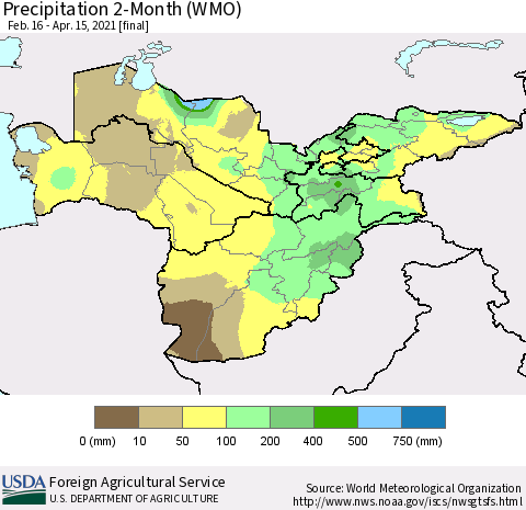 Central Asia Precipitation 2-Month (WMO) Thematic Map For 2/16/2021 - 4/15/2021