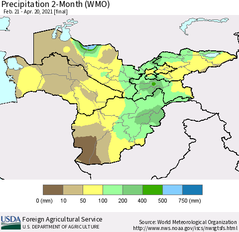 Central Asia Precipitation 2-Month (WMO) Thematic Map For 2/21/2021 - 4/20/2021
