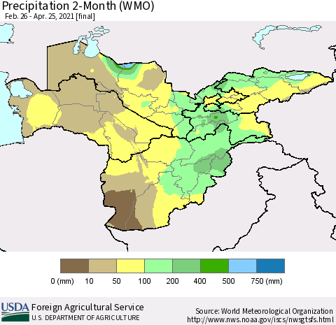 Central Asia Precipitation 2-Month (WMO) Thematic Map For 2/26/2021 - 4/25/2021