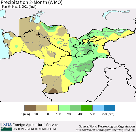 Central Asia Precipitation 2-Month (WMO) Thematic Map For 3/6/2021 - 5/5/2021