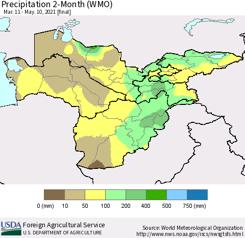 Central Asia Precipitation 2-Month (WMO) Thematic Map For 3/11/2021 - 5/10/2021