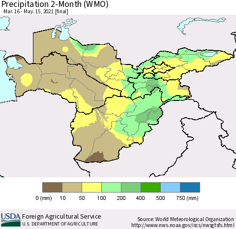 Central Asia Precipitation 2-Month (WMO) Thematic Map For 3/16/2021 - 5/15/2021