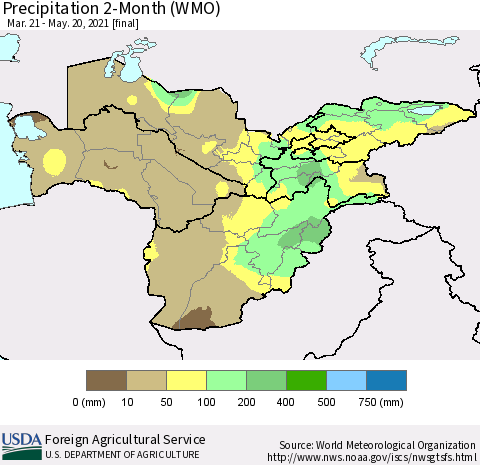 Central Asia Precipitation 2-Month (WMO) Thematic Map For 3/21/2021 - 5/20/2021
