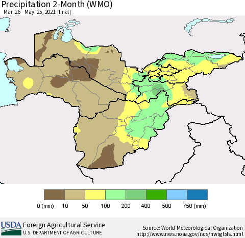 Central Asia Precipitation 2-Month (WMO) Thematic Map For 3/26/2021 - 5/25/2021