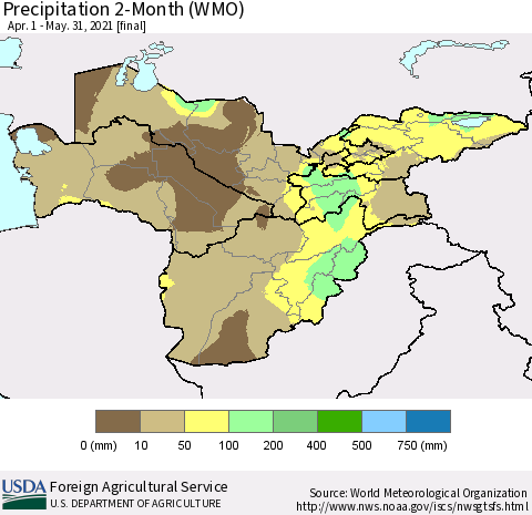 Central Asia Precipitation 2-Month (WMO) Thematic Map For 4/1/2021 - 5/31/2021