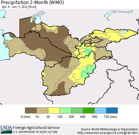Central Asia Precipitation 2-Month (WMO) Thematic Map For 4/6/2021 - 6/5/2021