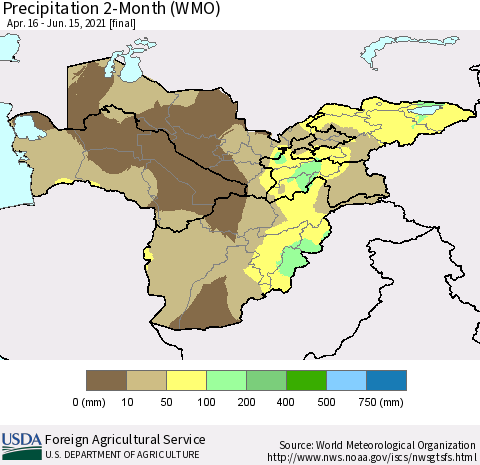 Central Asia Precipitation 2-Month (WMO) Thematic Map For 4/16/2021 - 6/15/2021