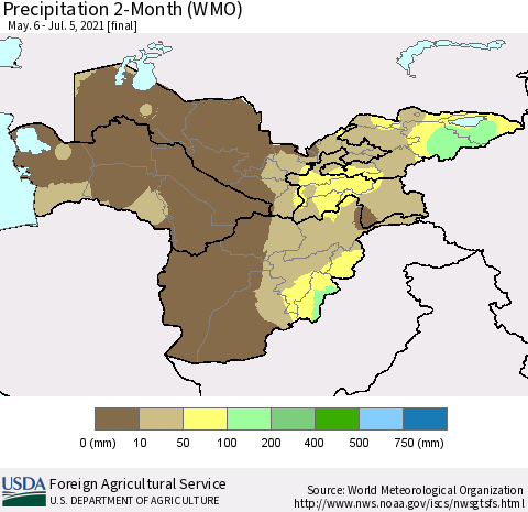 Central Asia Precipitation 2-Month (WMO) Thematic Map For 5/6/2021 - 7/5/2021