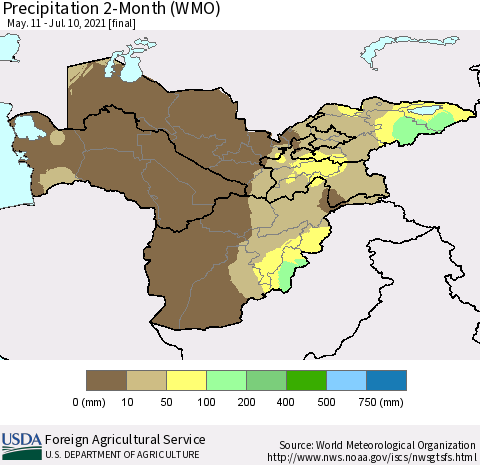 Central Asia Precipitation 2-Month (WMO) Thematic Map For 5/11/2021 - 7/10/2021